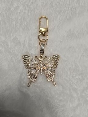 Gold Tone Rhinestone Butterfly Keychain Charm